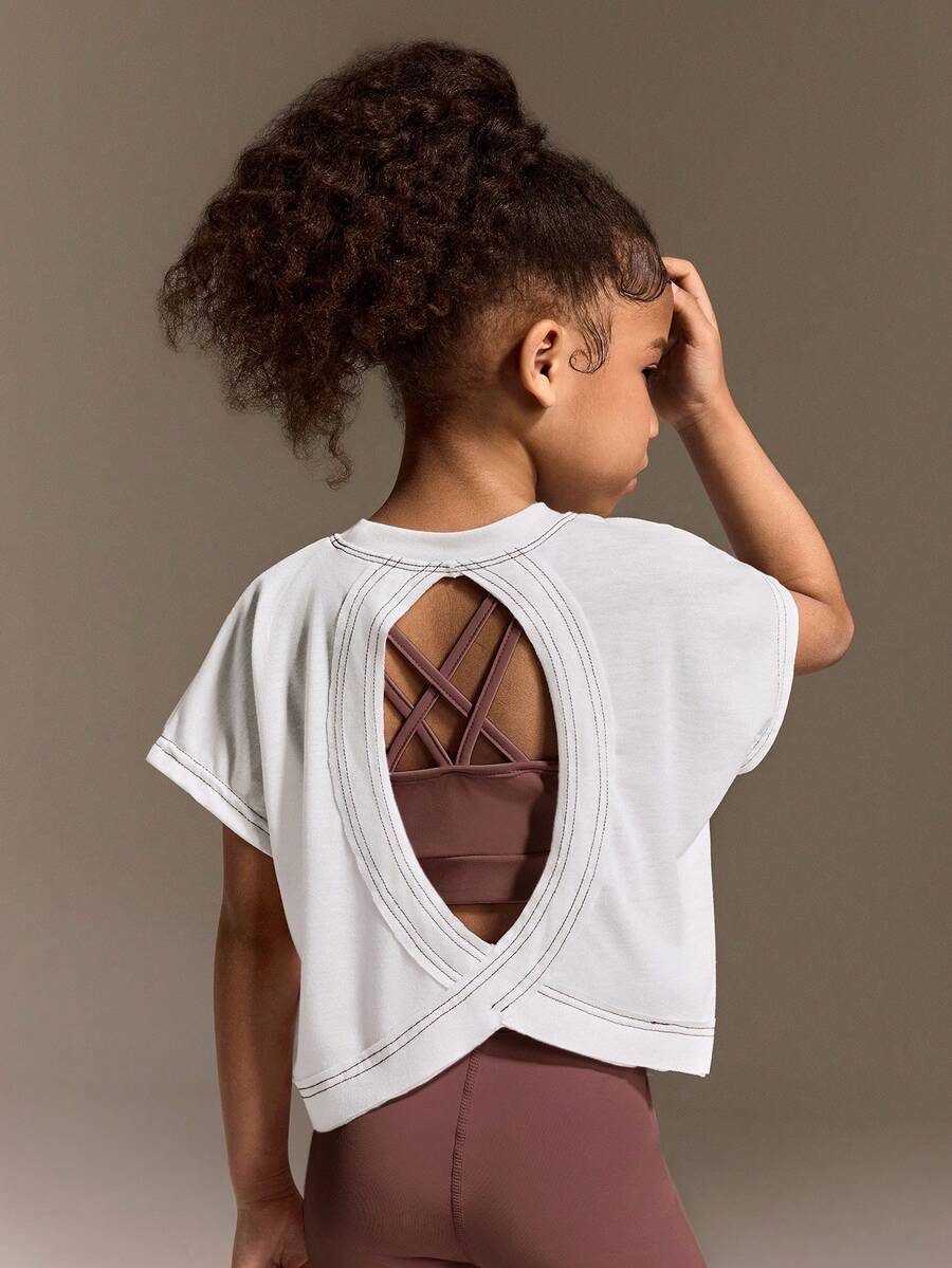 Camiseta de manga corta con espalda hueca informal para niñas, conjunto deportivo - Blanco - Ver 1