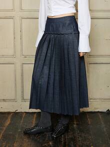 COUREZ PVL面料百褶中长裙/Y2K秋冬女装裙装可爱外出派对装扮新年装扮低腰百褶裙 - 藍色 - 查看 5