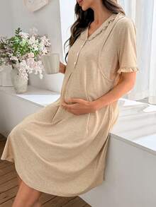 SHEIN 纯色V领纽扣前襟荷叶边哺乳孕妇连衣裙