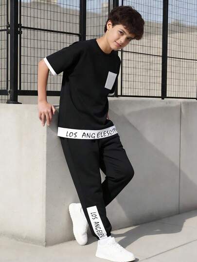 Vacaura 2件套青少年男童休闲撞色拼接字母印花T恤和运动裤套装