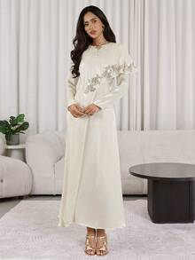 Veilorie Đầm dự tiệc thanh lịch dành cho nữ, đính sequin và hạt cườm, thêu hoa theo phong cách Ả Rập. - Màu be - Xem 4