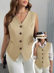 Elenzga 大码女式单排扣无袖马甲，优雅黑色收腰西装马甲，时尚百搭，适合工作、派对、休闲商务场合。棕色西装外套，格子印花，前开襟纽扣，优雅长袖格子西装外套，宽松秋季女装，商务职业女性工作服，女性办公室着装，女性正式上衣，优雅女式套装，女式马甲，女式办公室上衣。 - 卡其色 - 查看 5