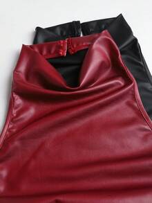 Sweetra Women's Fashionable Sexy Halter PU Leather Party Crop Top 2 Pieces Set