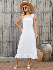 EMERY ROSE 女士度假休闲纯色无袖荷叶边中长连衣裙 - 白色 - 查看 7