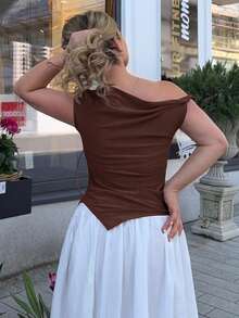 Jeta Ari 女士不对称肩部褶皱不均匀下摆休闲 T 恤，夏季 - 棕色 - 查看 2