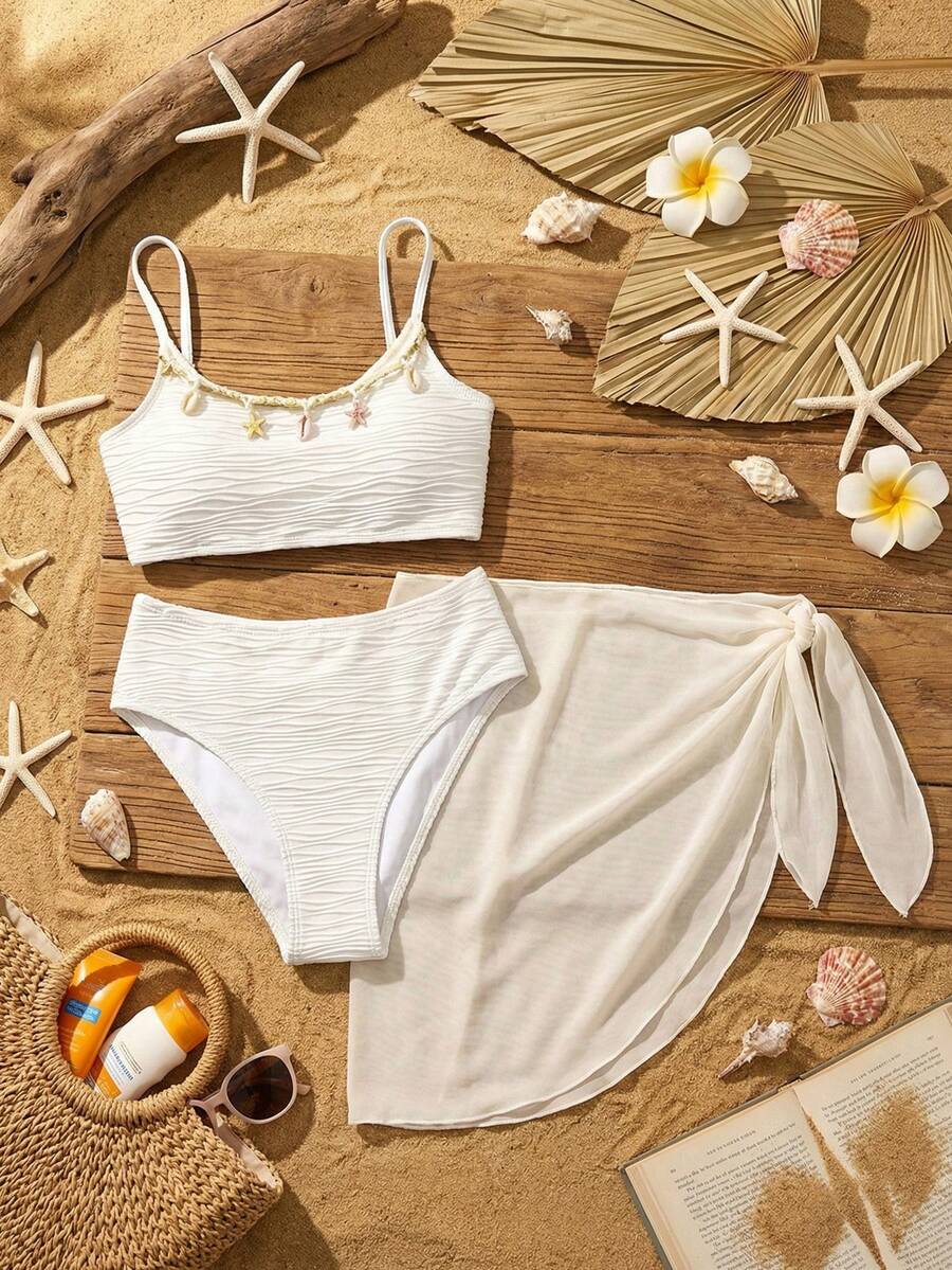 SHEIN 少女连体泳衣，采用纹理面料，带有网纱裙摆，适合海滩、泳池和休闲度假穿着。 - 白色 - 查看 1