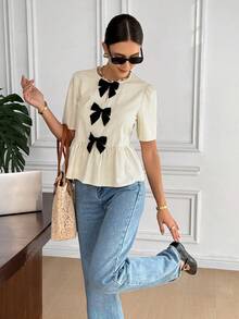 Serisse 女士休闲条纹蝴蝶结衬衫，夏季，女士优雅条纹短袖上衣，复古黑色蝴蝶结装饰，宽松显瘦荷叶边设计，杏色衬衫，夏季女装，外出上衣，女士海滩装，女士度假装，夏季假期装，女士度假装 - 杏色 - 查看 5