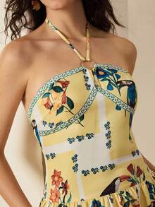 Felipe Marques Damen Maxikleid mit Blume Muster , Off-Shoulder, ärmellosen Schnitt, Lässig für Urlaub, Party, Herbst/Winter - Aprikosenfarben - Übersicht 5