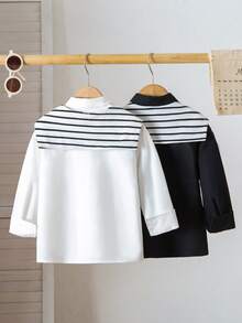 Genkimix Kids 2件套 男童韩版简约日常休闲黑白长袖衬衫，搭配黑白条纹披肩领，春季款