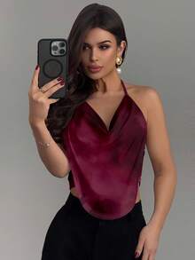 Firerie 优雅性感休闲简约扎染印花派对风露背吊带背心，适合女性，春季、夏季、情人节、狂欢节等场合。 - 酒紅色 - 查看 4