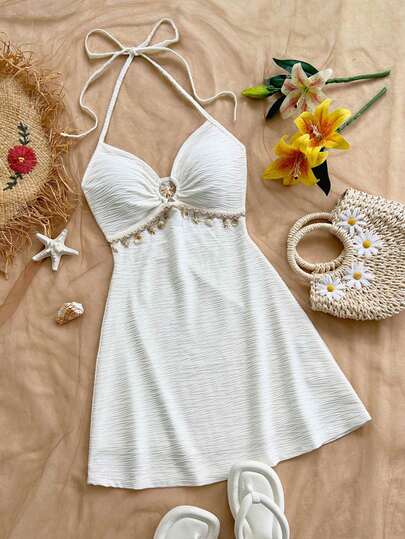 Soleia Vestido mini de línea A con tirantes de espagueti, decoración de metal, textura de punto, elegante, estilo boho tropical, para invitados de boda en la playa, graduación, día de San Patricio, vacaciones de primavera, Pascua, festivales de música, para mujer