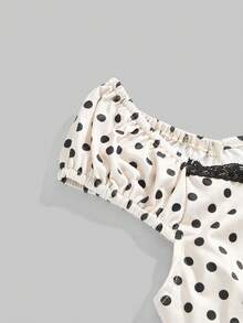 ROMWE Goth Spring/SummerV-Neck Bow Decor Contrast Polka Dot Women Slim Fit Versatile T-Shirt - Beige - View 4