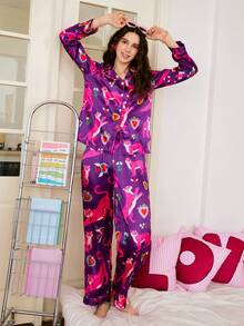 Chillnights 女士休闲撞色老虎与爱心Y2K印花翻领缎面长袖宽松舒适睡衣套装 - 紫色 - 查看 5