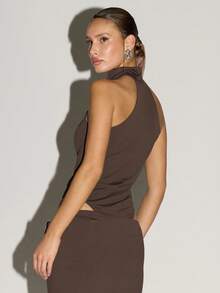 MUSERA Body con cuello de embudo, espalda de tirantes plateados, para salir, casual, lindo, sexy, para noches, fresco, festivo, vacaciones, fiesta, primavera, verano - Marrón Chocolate - Ver 6