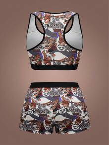 SHEIN Kung Fu Panda Women's Comfortable Breathable Panda Print Bra And Boyshort Panty Set - Brown - View 2