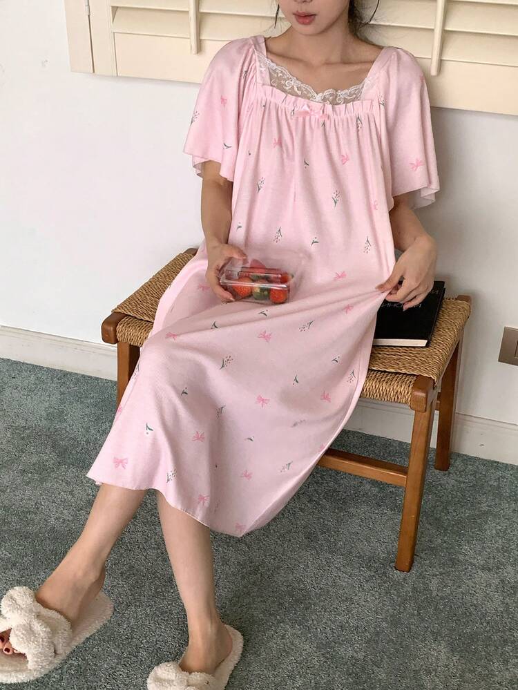 Sweet Butterfly & Ditsy Floral Lace Trim Nightgown For Women