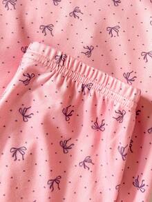 SHEIN 2pcs Young Girl Casual Cute Bow & Heart Print Long Sleeve Top And Pants Snug Fit Loungewear Set Little Girl Pajama Set Kids Bamboo Seashell Pajamas Kids Pj Set Girl Pink Girl Sleep Wear Cute Pj Set "Tight Fit Pajama","Tight Fit","Snug Fit - Dusty Pink - View 5