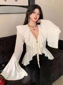 DAZY Elegancka bluzka damska w jednolitym kolorze z falbanką i mankietem, z bufiastymi rękawami, wiosna/lato - Beżowy - Zobacz 8