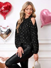 SHEIN Clasi Women's Elegant Butterfly Print Cold Shoulder Lantern Sleeve Loose Blouse, Suitable For Spring/Autumn, Valentine's Day Date Valentine Outfits For Wome  Casual Women Outfits  Retro Bow-Print Off-Shoulder Sexy And Elegant Versatile Spring Shirt - Black and Gold - View 6
