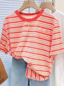 Resyla Camiseta de manga corta a rayas de colores vintage para mujer, top casual de cuello redondo para el verano - Multicolor - Ver 3