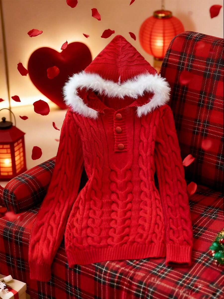 Franclia Vestido de punto grueso con capucha, estilo europeo y americano para mujeres, de tela esponjosa, diseño ajustado y estilizador, hermoso para mujeres de estatura baja, vestido corto de otoño - Rojo - Ver 1