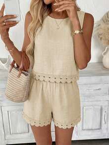 SHEIN LUNE Bộ đồ nữ gồm áo không tay và quần short phối ren, kiểu dáng thường ngày, thích hợp cho kỳ nghỉ hè, đi làm và mặc hàng ngày. - Màu be - Xem 5