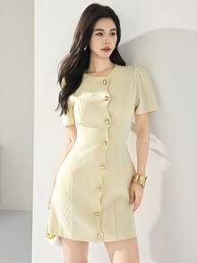 Heiryn Women's Elegant Commuter Metal Buckle Puff Sleeve Short Dress - Yellow - View 4