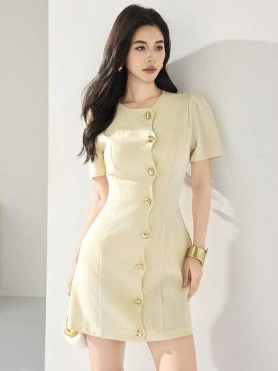 Heiryn Women's Elegant Commuter Metal Buckle Puff Sleeve Short Dress