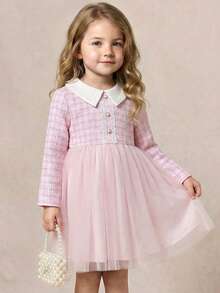 PrepCrw 女童翻领长袖网纱拼接连衣裙 - 淺粉色 - 查看 1