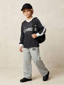 Casuvi Kids Tween Boys' Casual Black And White Striped Contrast Letter V-Neck Long Sleeve T-Shirt,Loose Fit Comfortable Streetwear School Autumn Back-To-School - Multicolor - View 12