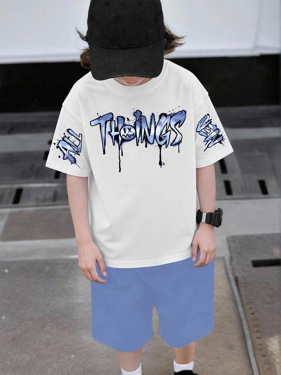 Tween Boy Letter & Face Print Round Neck Short Sleeve T-Shirt + Shorts Set, Casual Daily Fashion - White - View 1