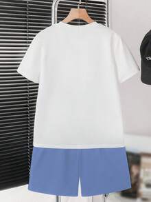 Tween Boy Letter & Face Print Round Neck Short Sleeve T-Shirt + Shorts Set, Casual Daily Fashion - White - View 2