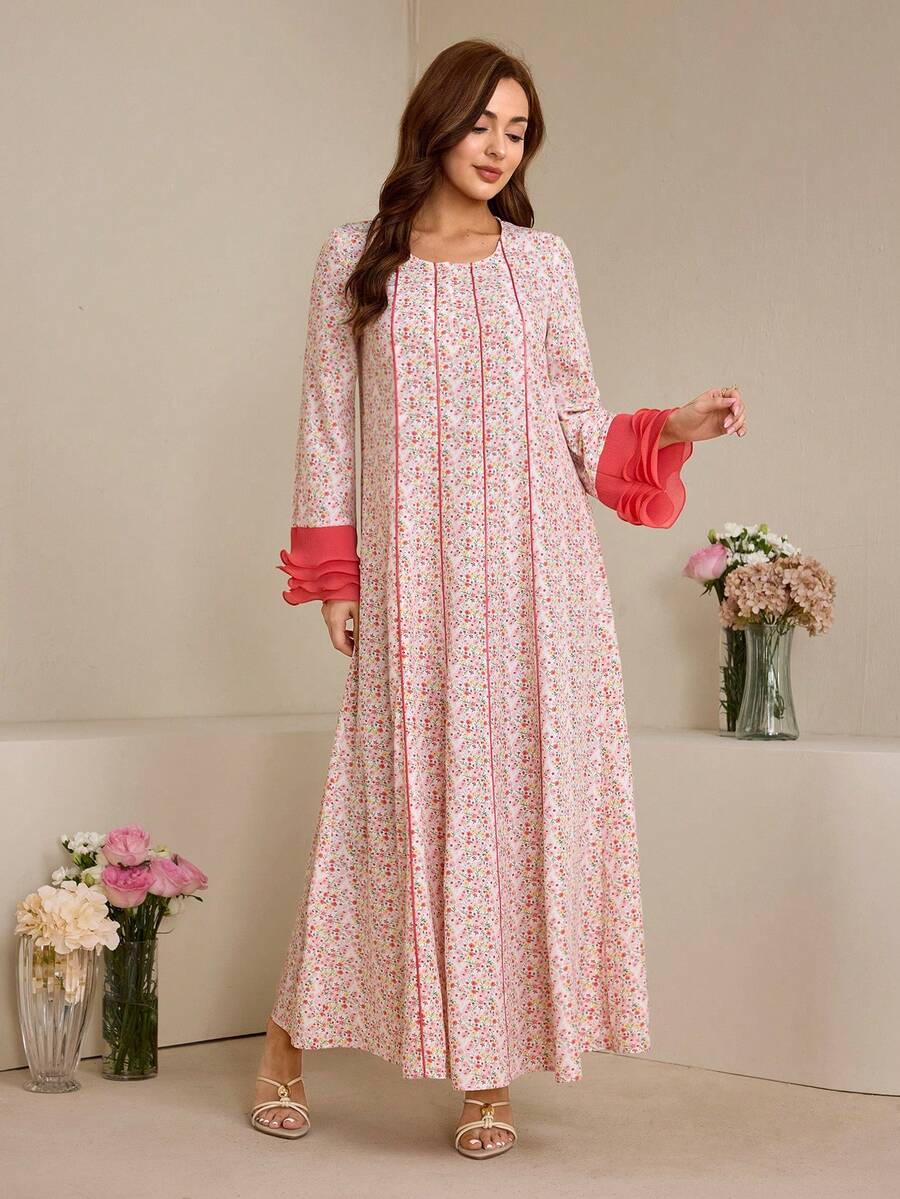 Yasmyna 女士优雅印花褶皱袖拼接连衣裙,迷人阿拉伯风格,春夏款 - 紅色 - 查看 1