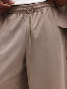 SUMWON 超大号纽扣衬衫和阔腿裤套装，翻领设计，宽松版型，麂皮质感，休闲家居服 - 灰色 - 查看 5