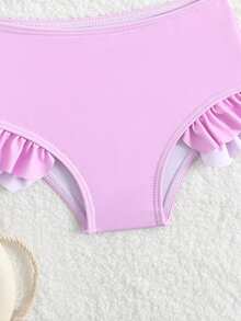 女婴泳衣，海洋生物印花，针织面料，荷叶边装饰，两件式泳衣，含发带，时尚休闲，适合游泳、度假、夏季、圣诞节、节日、新年、情人节等场合穿着。女婴荷叶边泳衣，女婴泳装，女婴贝壳海星印花两件式泳衣。 - 彩色 - 查看 6