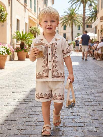 Souflis French Style Summer Young Boys Vacation Outfit, Beige Polo Collar Short Sleeve Top With Pattern And Matching Casual Shorts, Fashionable And Suitable For Outdoor Activities And Various Occasions