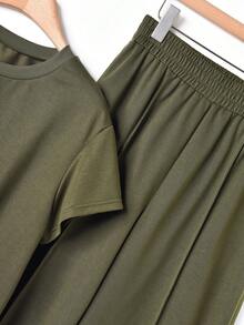 Rusticease Bộ đồ nữ trơn màu gồm áo thun cổ tròn tay ngắn và quần ống rộng, kiểu dáng thường ngày. - xanh quân đội - Xem 4