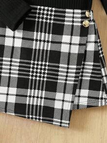 SHEIN Conjunto de camiseta de manga larga acanalada y falda de tweed a cuadros con botones elegante y de oficina para adolescentes - Blanco y Negro - Ver 6