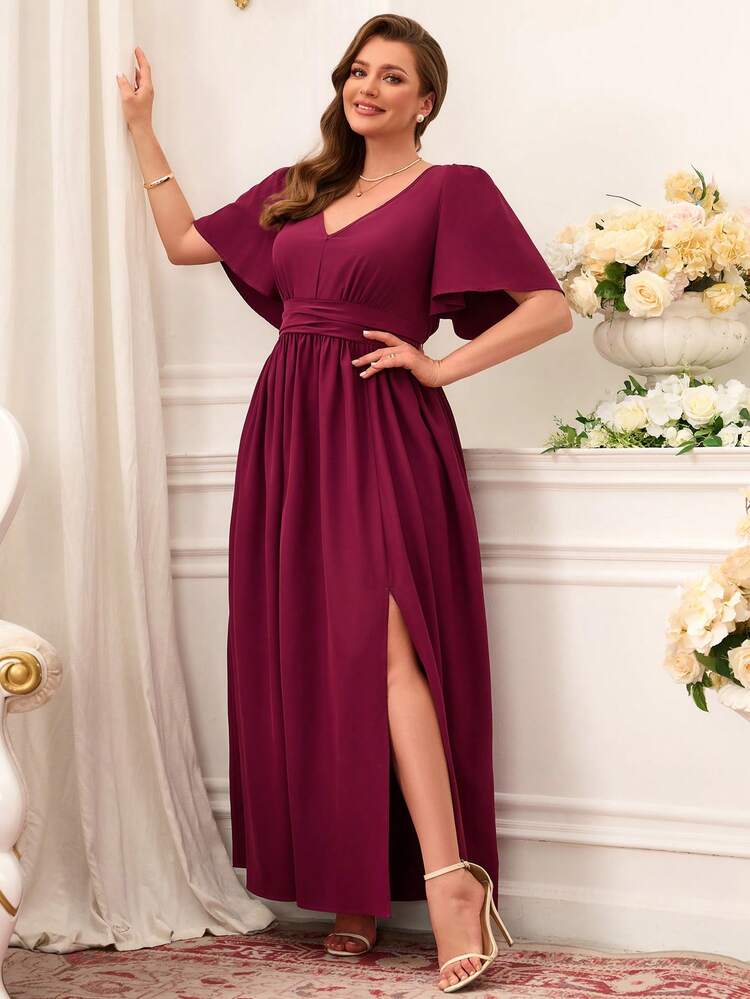 Plus Size Solid Color Short Sleeve Split Waist Elegant Dress For Summer/ Vacation Elegant Maxi Dress Long Dress With Slit Summer Outfits Beach Outfit For Women Summer Holiday Outfits Casual Outfit For Women Formal Attire For Women Elegant Long Dress Burgundy Bridesmaid Dress