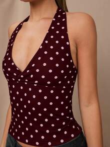 SHEIN BAE Black Polka Dot Print Casual Halter Neck Top, Suitable For Brunch, Outings, Dates, Commute, Cruise Outfits, Ibiza Outfits - Multicolor - View 6