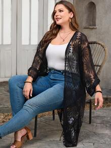 EMERY ROSE 大码女式蕾丝边宽松休闲度假外套 - 黑色 - 查看 3