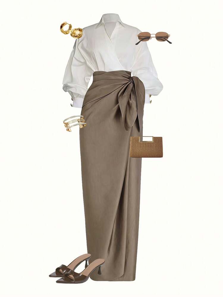 Qadelle Women's Wrap Long Sleeve Top And Tie-Waist Skirt Elegant 2 Pieces Set - Khaki - View 1
