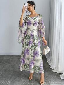 Modelyn Women's Floral Print Halter Neck Flare Sleeve Dress - Purple - View 2