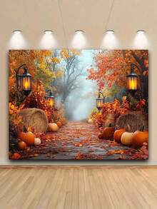 Autumn Harvest Photography Background -1 Pumpkin, Maple Leaves, And Streetlights, Suitable For Autumn Celebrations And Photo Booths - Multicolor - View 1