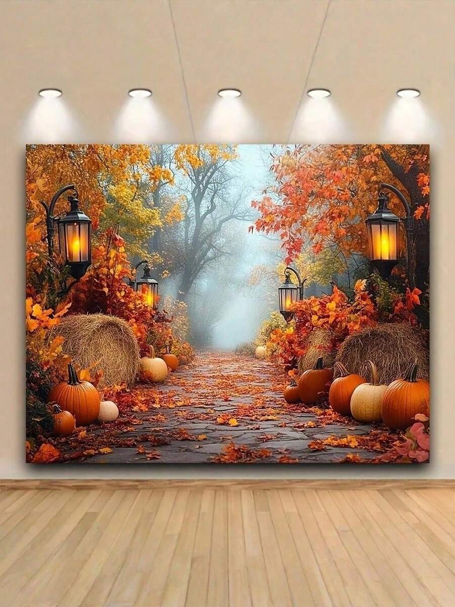 Autumn Harvest Photography Background -1 Pumpkin, Maple Leaves, And Streetlights, Suitable For Autumn Celebrations And Photo Booths - Multicolor - View 1