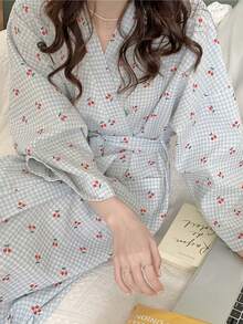 女士轻薄长袖睡袍 - 格纹印花和服式家居服，春秋季简约可爱家居服，柔软舒适的浴袍，助您放松身心，尽享惬意时光 - 藍色 - 查看 5