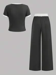 SHEIN Girlism 2件套少女春夏针织条纹撞色休闲修身基础款T恤和撞色腰部宽松口袋裤套装，少女休闲运动街头服饰，适合校园运动、返校、足球运动、户外舒适穿着。 - 深灰色 - 查看 2