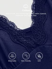 ROMWE Fairycore Summer Outfits Plus Size Elegant Solid Color Lace Trim Camisole - Navy Blue - View 3