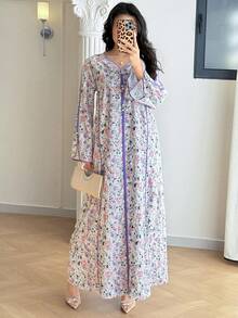 Yasmyna 新款撞色滚边V领碎花浪漫优雅度假日常休闲派对长裙 - 彩色 - 查看 6