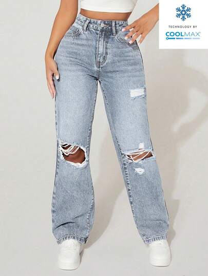 SHEIN PETITE Women's High Waist Pockets Distressed Straight Loose Casual Denim Jeans